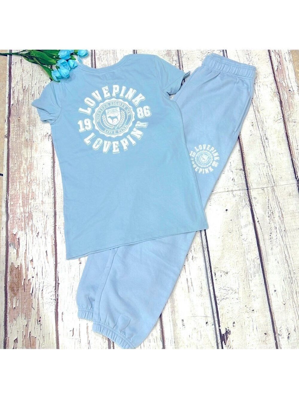 Pink Victoria’s Secret Powder Blue Crew Neck Tee & Sweatpants